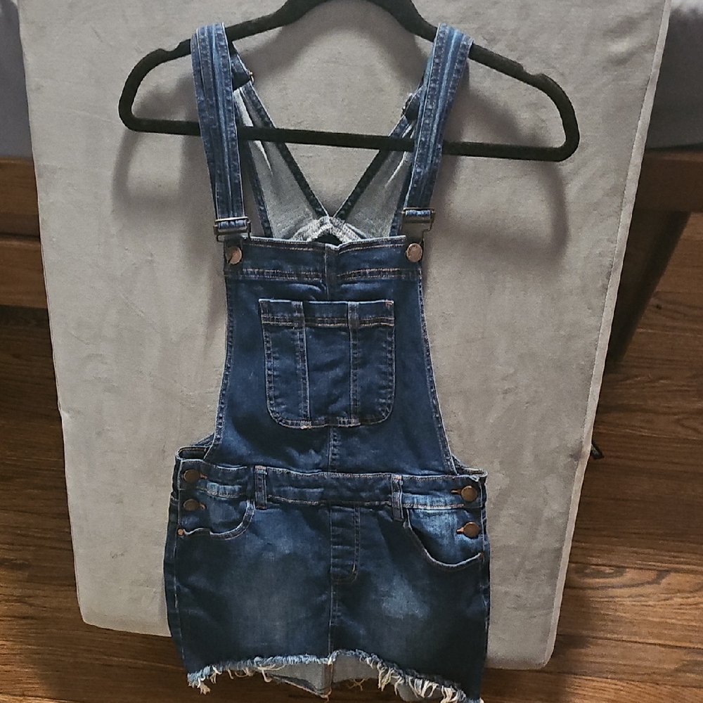Denim Mini Overall Dress in Dark Blue